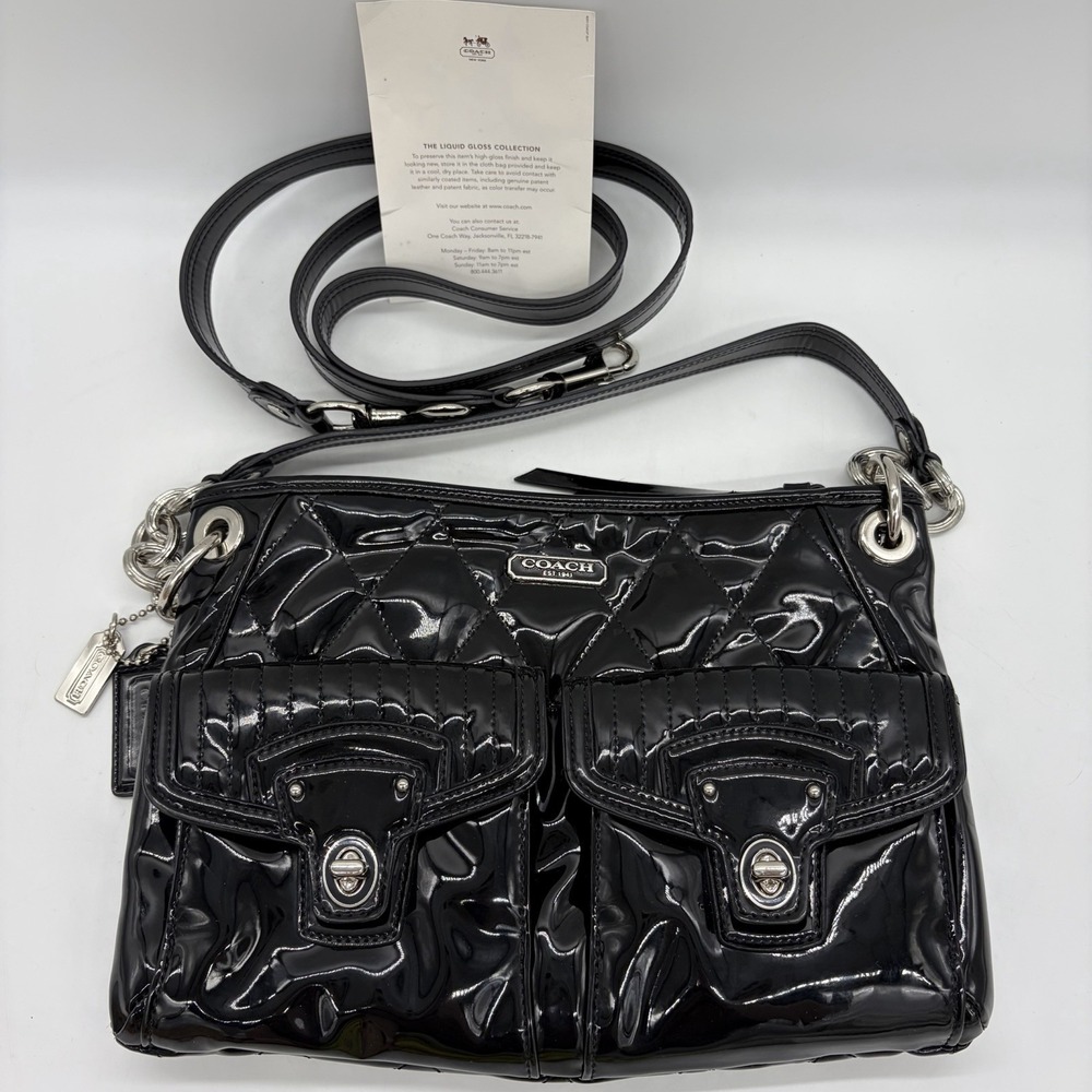 Vtg Y2K Coach Poppy Purse Liquid Gloss Turn Lock Black Quilted Pink Lining 18678